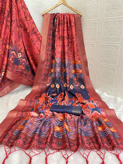 Traditional Red & Blue Mysore Silk Saree with Jari Checks and Ikat Design