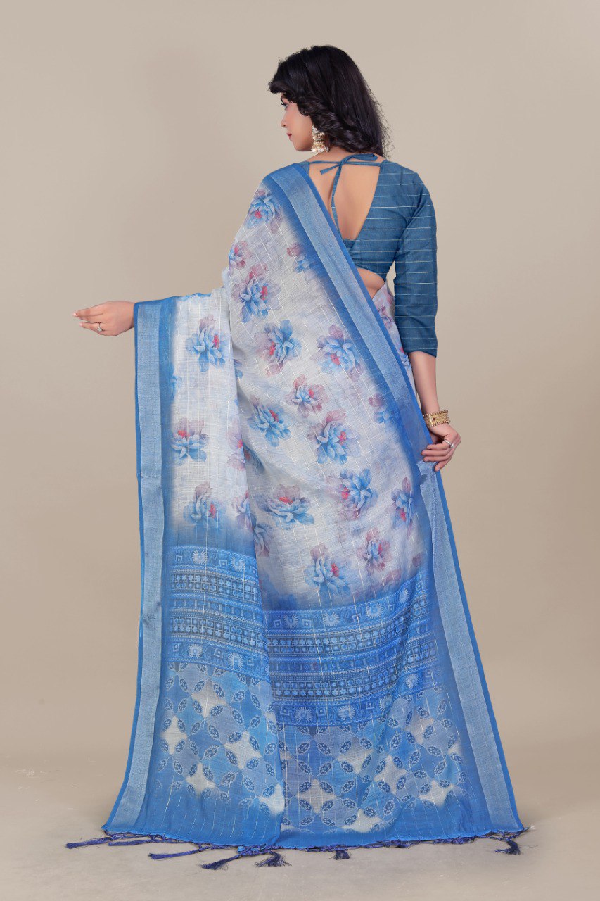Elegant Blue and White Floral Linen Saree with Zari Border