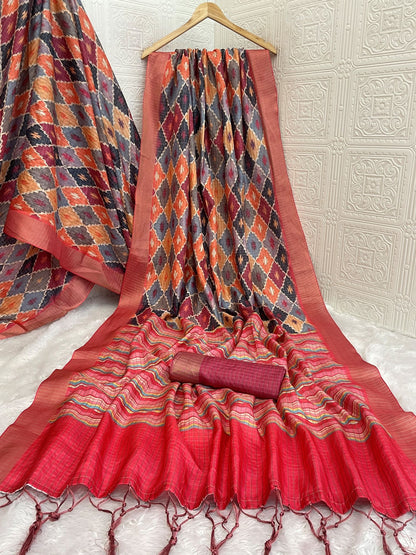 Earthy Mysore Silk Saree with Pure Jari Border and Subtle Checks