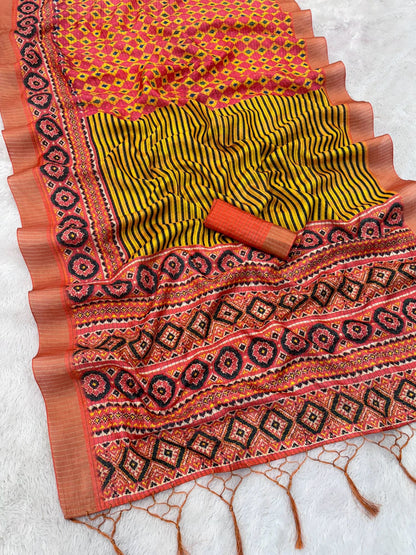 Vibrant Yellow-Orange Mysore Silk Saree with Zari & Motifs