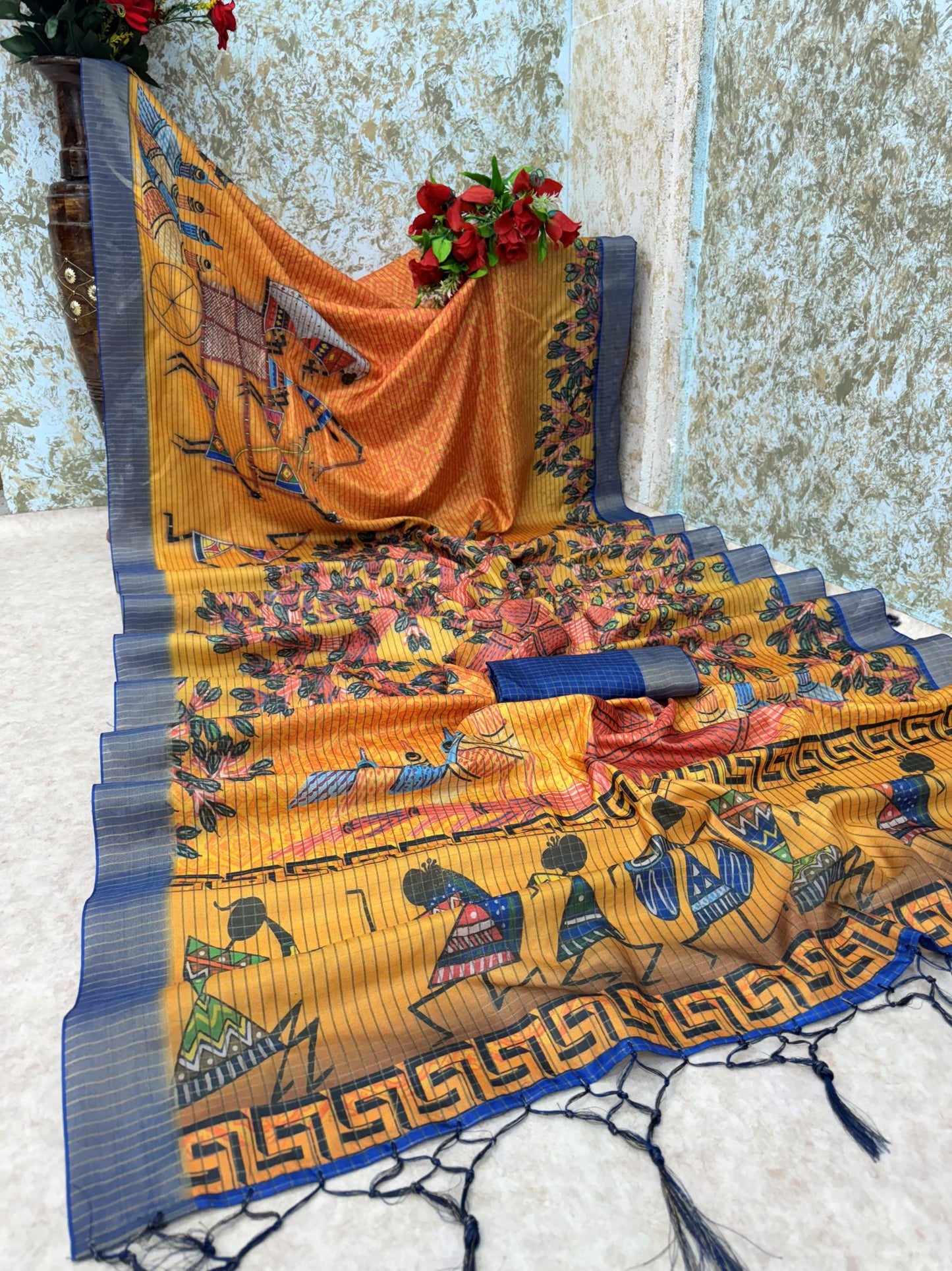 Mysore Silk Saree with Pure Jari and Warli Art – Yellow Orange with Blue Border