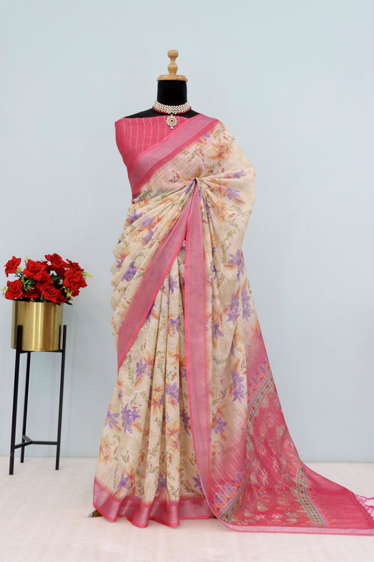 Elegant Beige Linen Saree with Zari Floral Print and Border