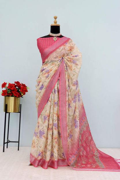 Elegant Beige Linen Saree with Zari Floral Print and Border