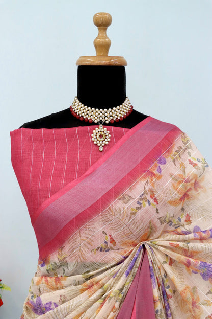 Elegant Beige Linen Saree with Zari Floral Print and Border