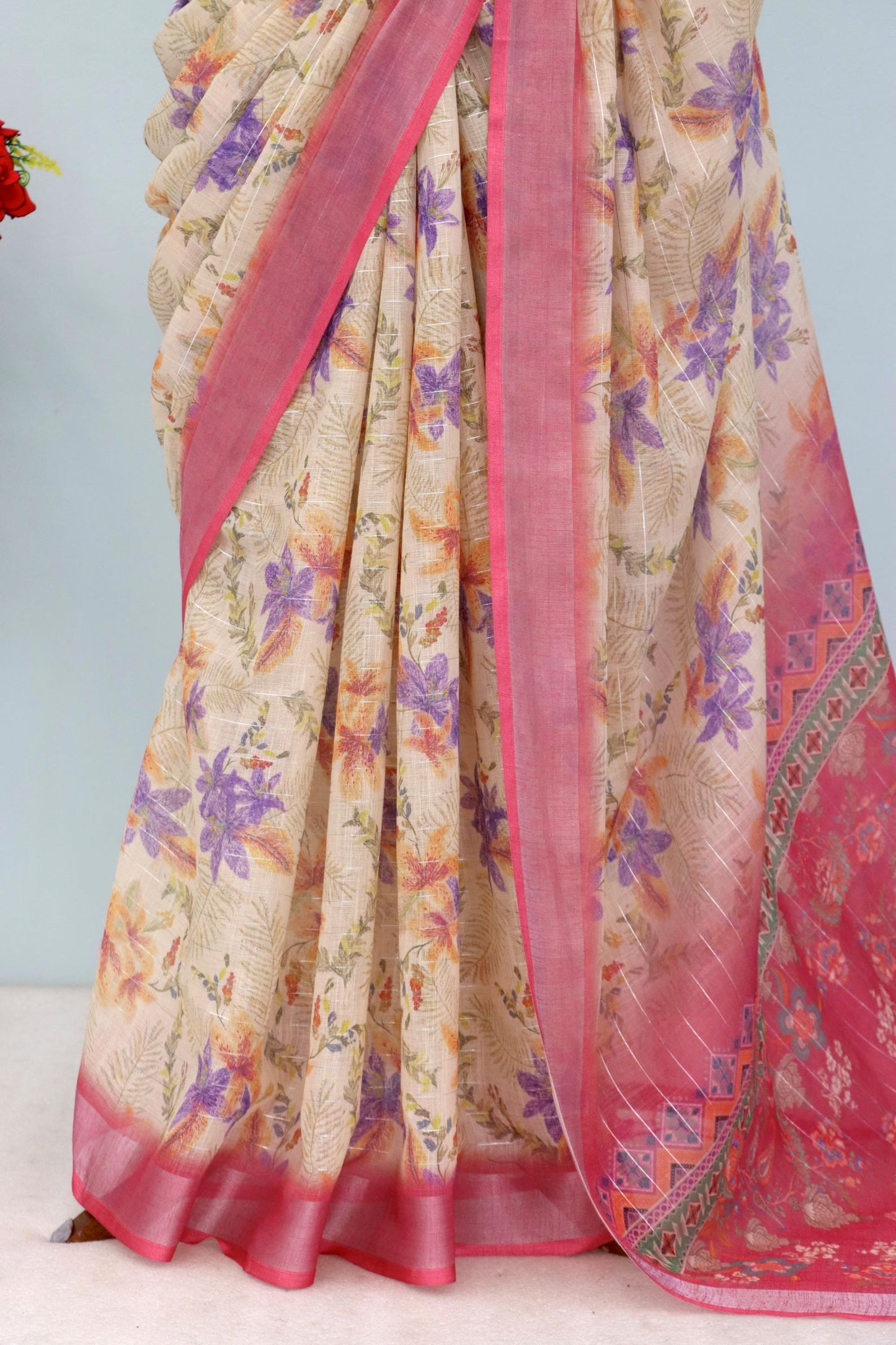 Elegant Beige Linen Saree with Zari Floral Print and Border