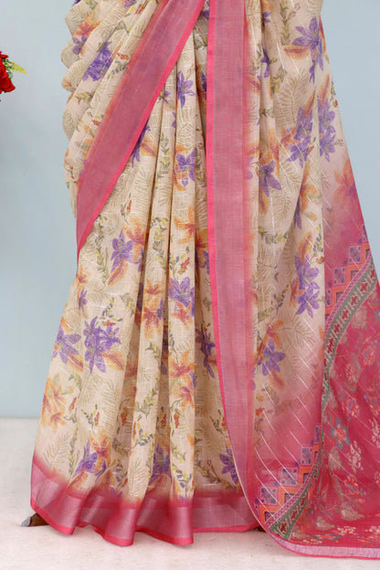 Elegant Beige Linen Saree with Zari Floral Print and Border