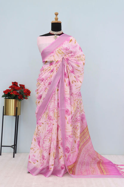 Pink Floral Linen Saree on Mannequin with Zari Border