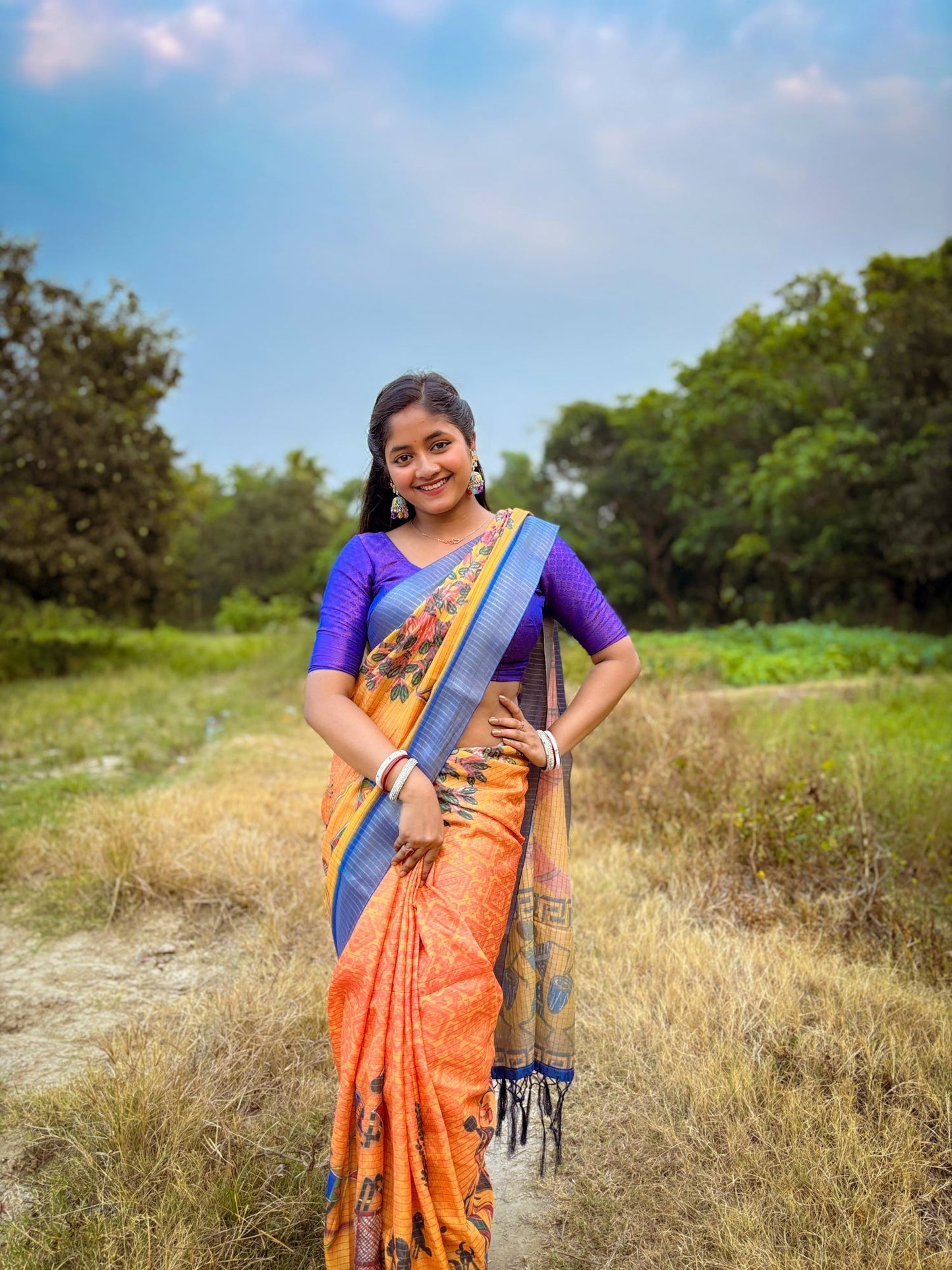 Mysore Silk Saree with Pure Jari and Warli Art – Yellow Orange with Blue Border