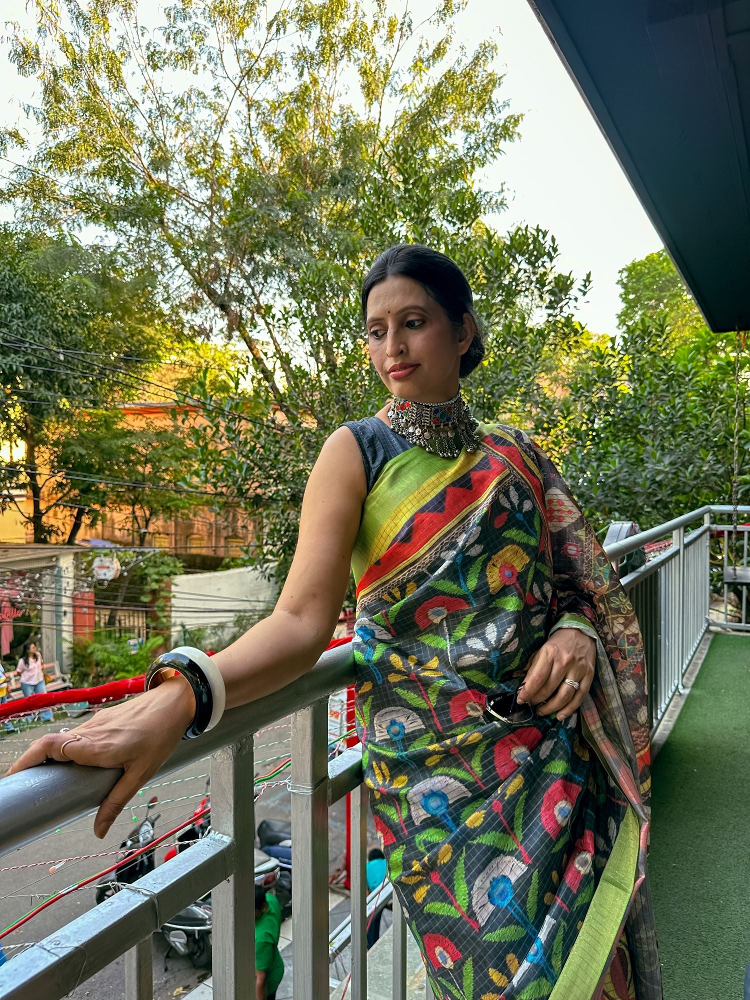 Multicolor Mysore Silk Saree with Tribal Prints & Green Border