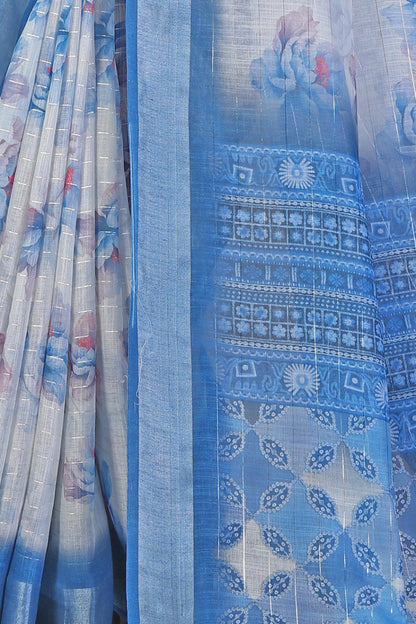 Elegant Blue and White Floral Linen Saree with Zari Border