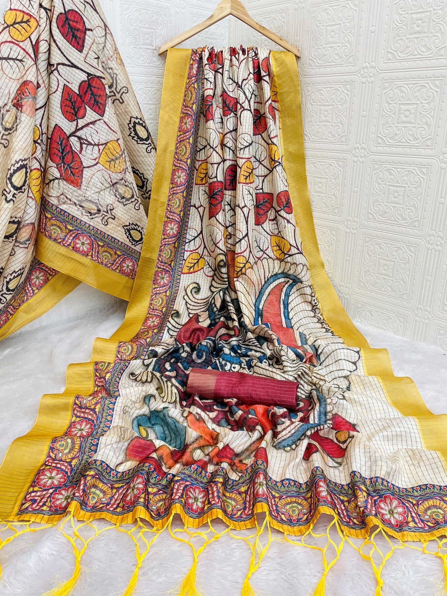 Mysore Silk Saree with Pure Jari and Madhubani Leaf Print in Cream and Mustard