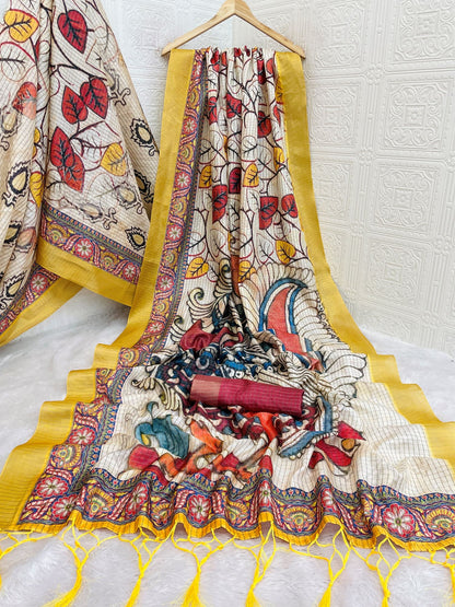 Mysore Silk Saree with Pure Jari and Madhubani Leaf Print in Cream and Mustard