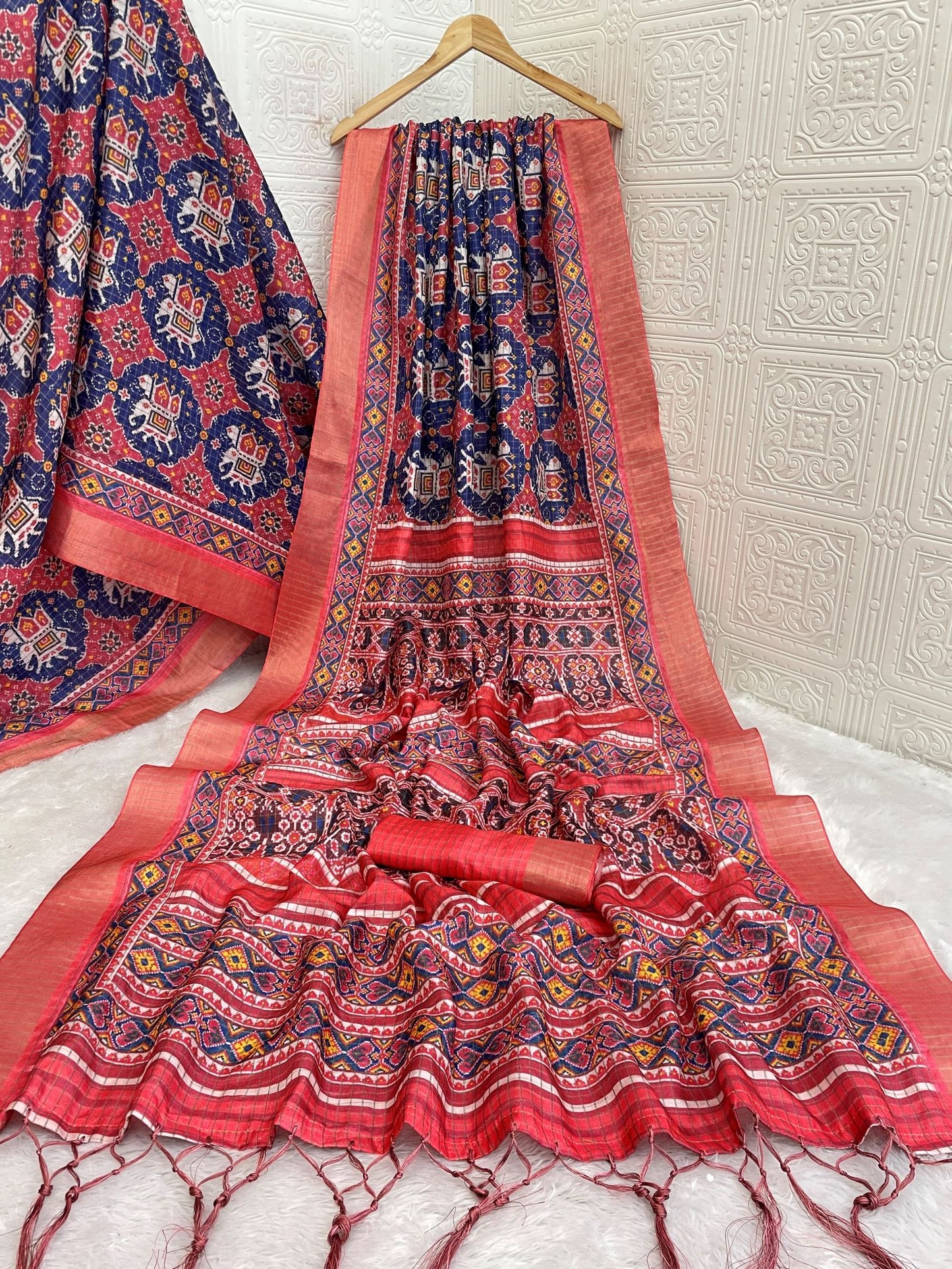 Rust Orange and Navy Blue Mysore Silk Saree with Pure Zari Border and Checked Blouse