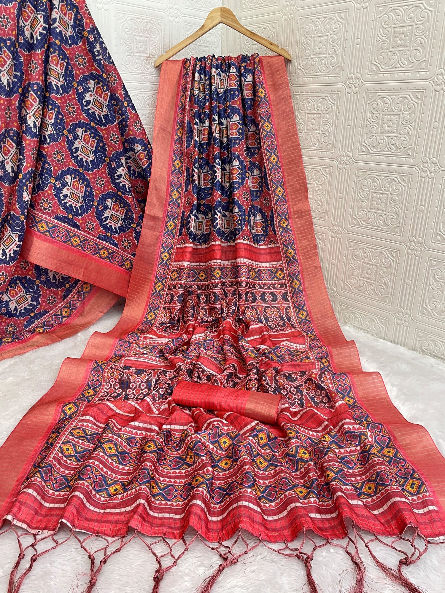 Rust Orange and Navy Blue Mysore Silk Saree with Pure Zari Border and Checked Blouse