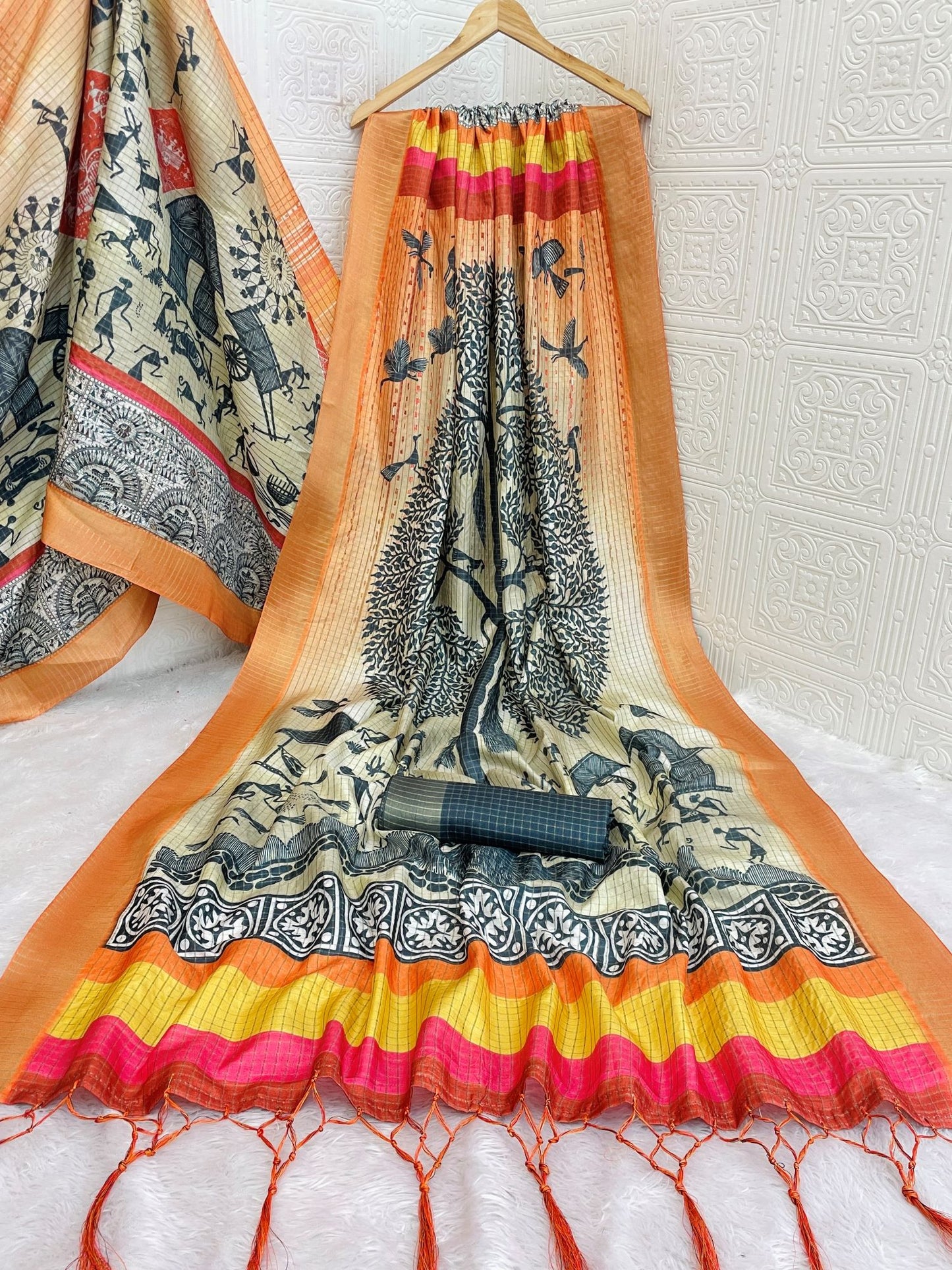 Mysore silk saree with tribal art and golden zari work