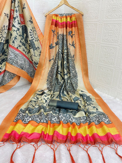 Mysore silk saree with tribal art and golden zari work