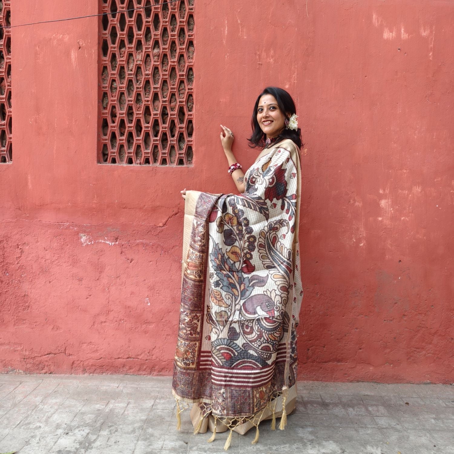 Elegant Beige Mysore Silk Saree with Pure Zari Checks and Temple Border Design