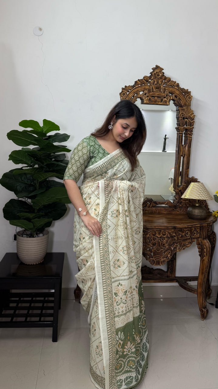 Pure linen cotton saree in cream green with temple border