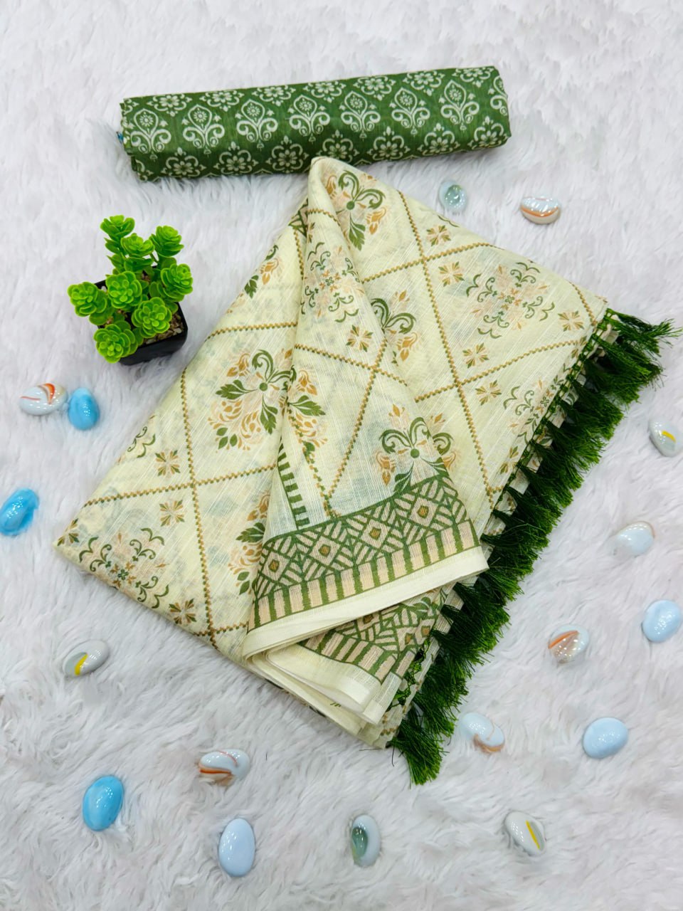 Pure linen cotton saree in cream green with temple border