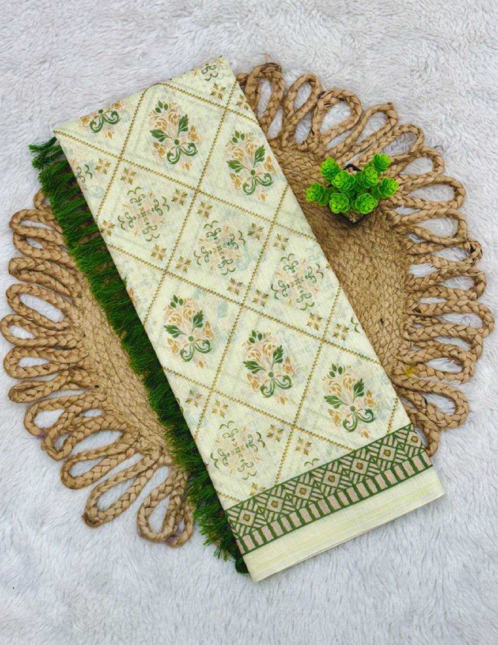 Pure linen cotton saree in cream green with temple border