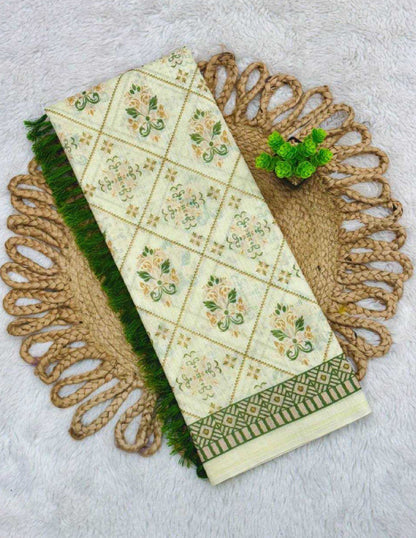Pure linen cotton saree in cream green with temple border
