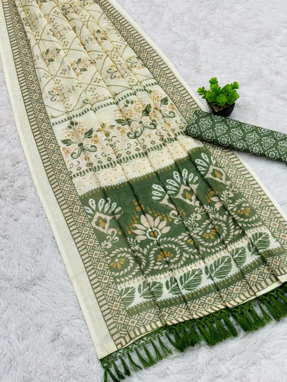 Pure linen cotton saree in cream green with temple border