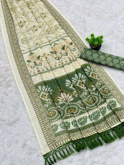 Pure linen cotton saree in cream green with temple border
