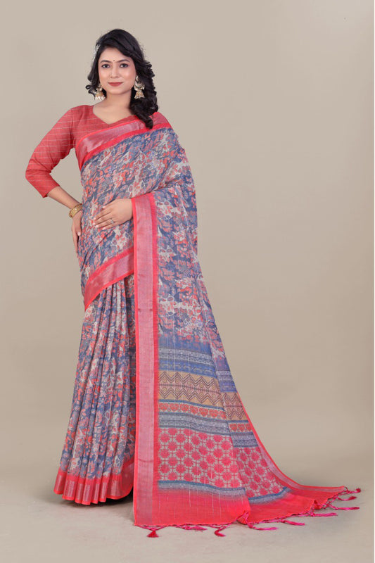 Elegant Floral Linen Saree in Soft Pastel – Breathable Fabric for Women