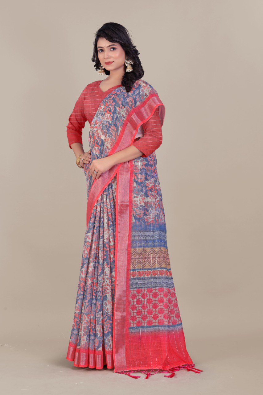 Pure linen cotton saree with silver jari border and handmade jalar pallu