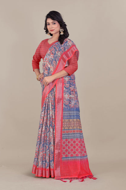 Pure linen cotton saree with silver jari border and handmade jalar pallu