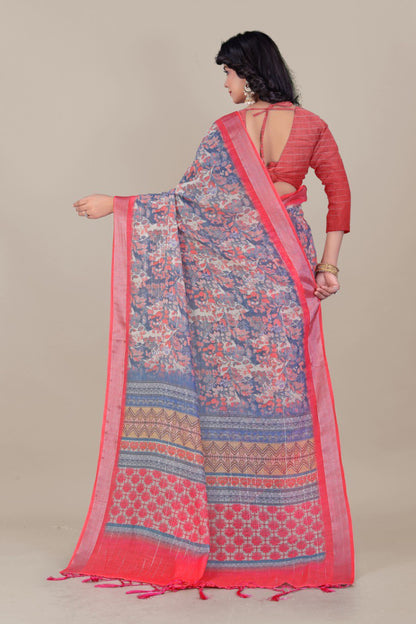 Elegant Floral Linen Saree in Soft Pastel – Breathable Fabric for Women