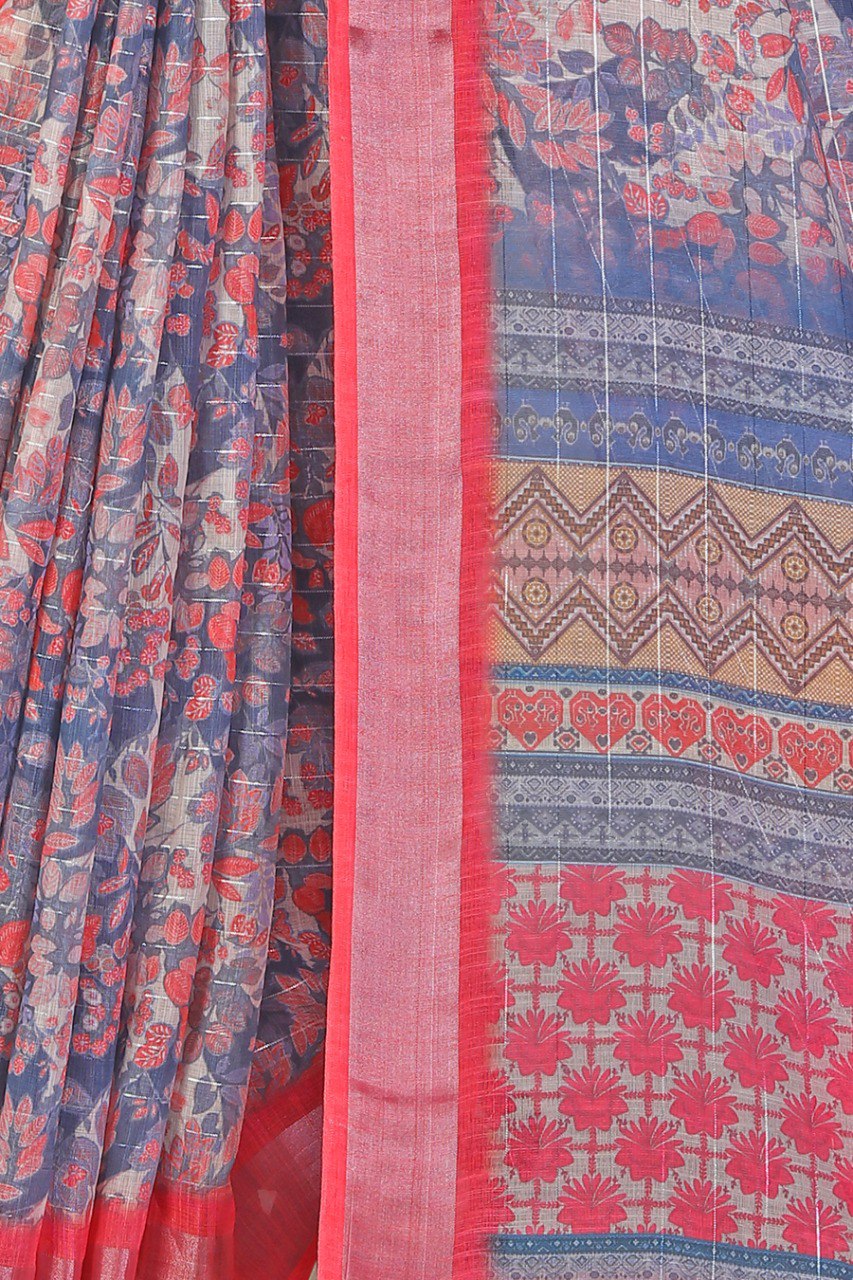Pure linen cotton saree with silver jari border and handmade jalar pallu