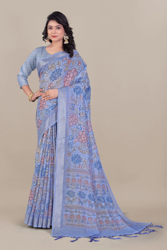 Blue and Pink Pure Silk Saree with Traditional Zari Design