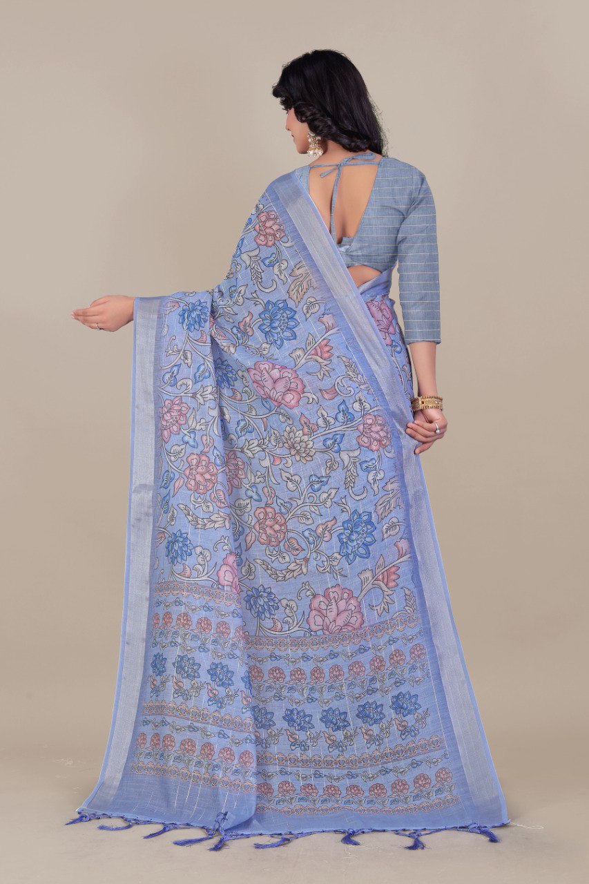 Blue and Pink Pure Silk Saree with Traditional Zari Design