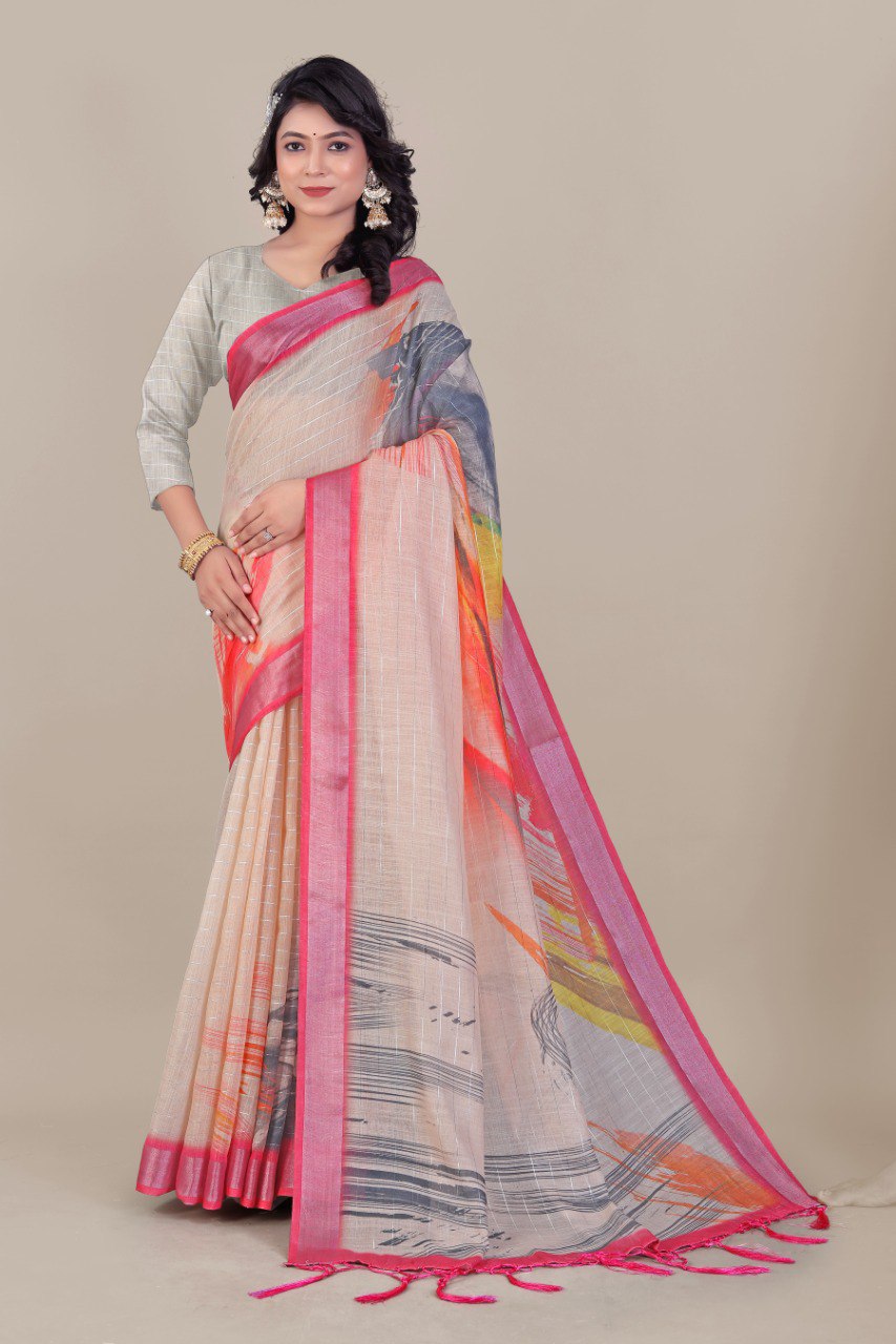 Elegant Peach Linen Saree with Abstract Digital Print and Pink Border