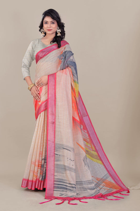 Elegant Peach Linen Saree with Abstract Digital Print and Pink Border