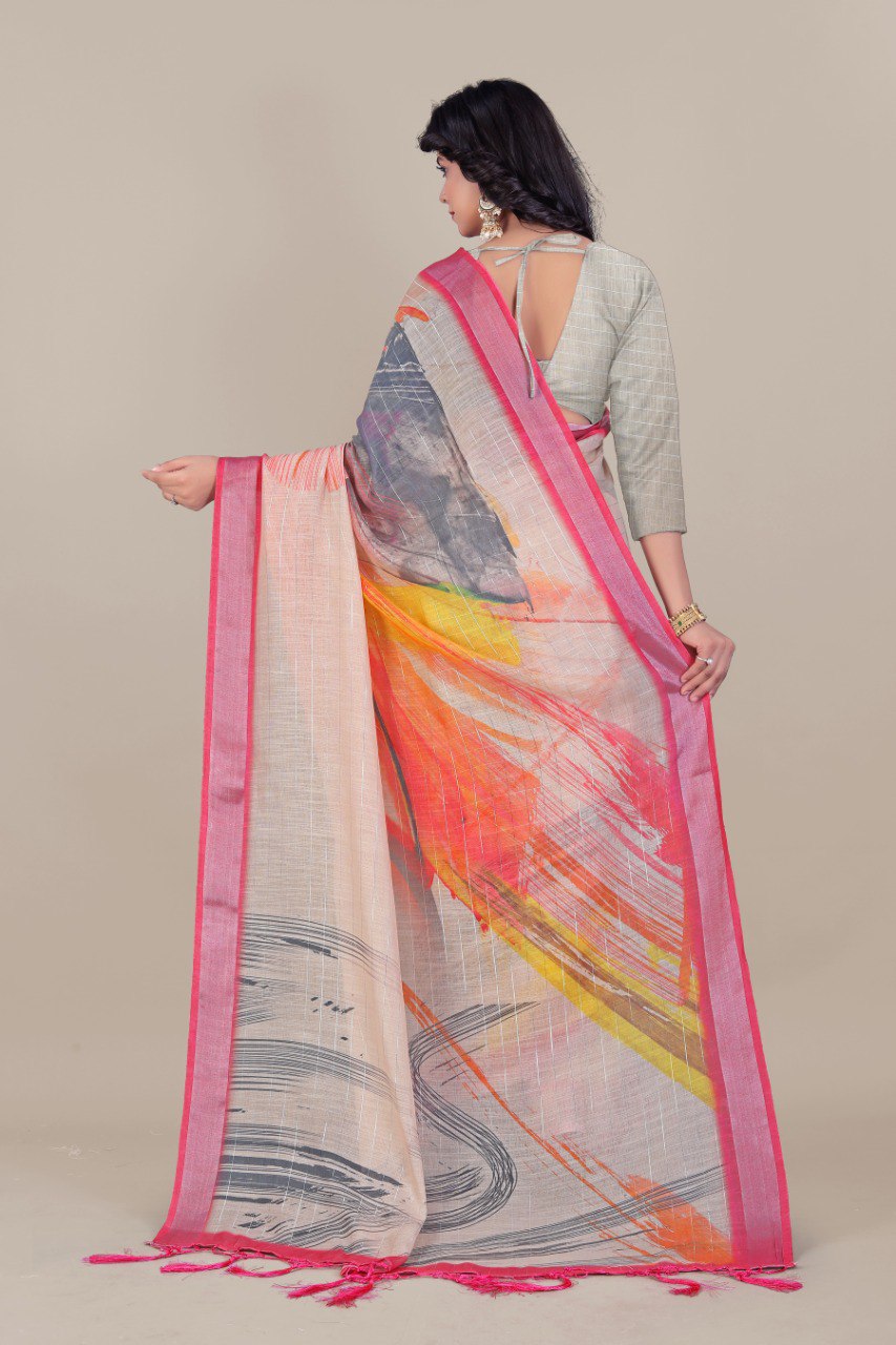 Elegant Peach Linen Saree with Abstract Digital Print and Pink Border