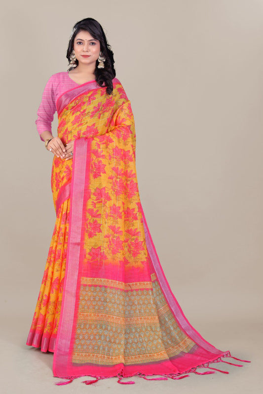 Vibrant Yellow and Pink Floral Linen Saree with Traditional Pallu