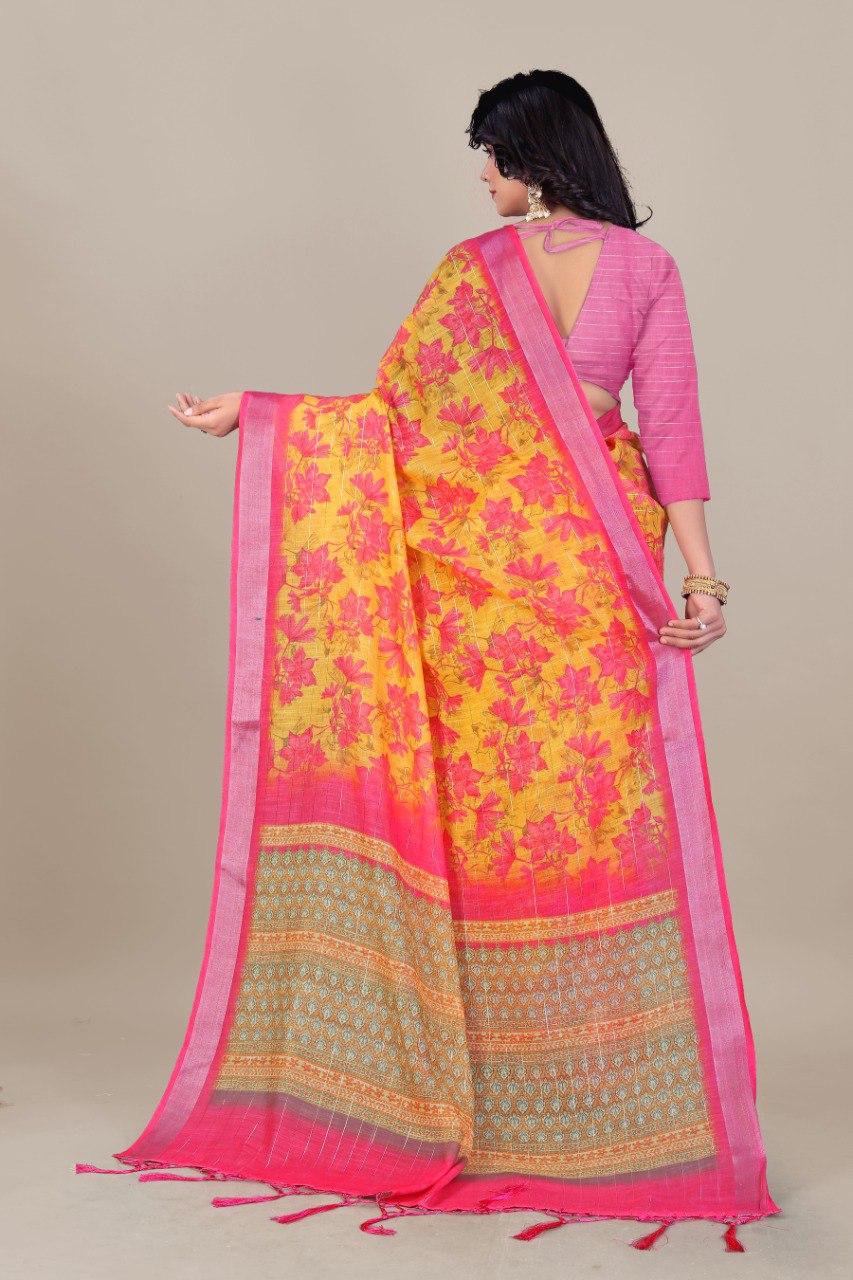 Vibrant Yellow and Pink Floral Linen Saree with Traditional Pallu