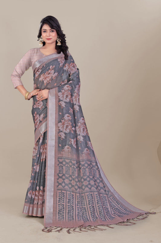 Elegant Black & Beige Floral Linen Saree with Printed Pallu