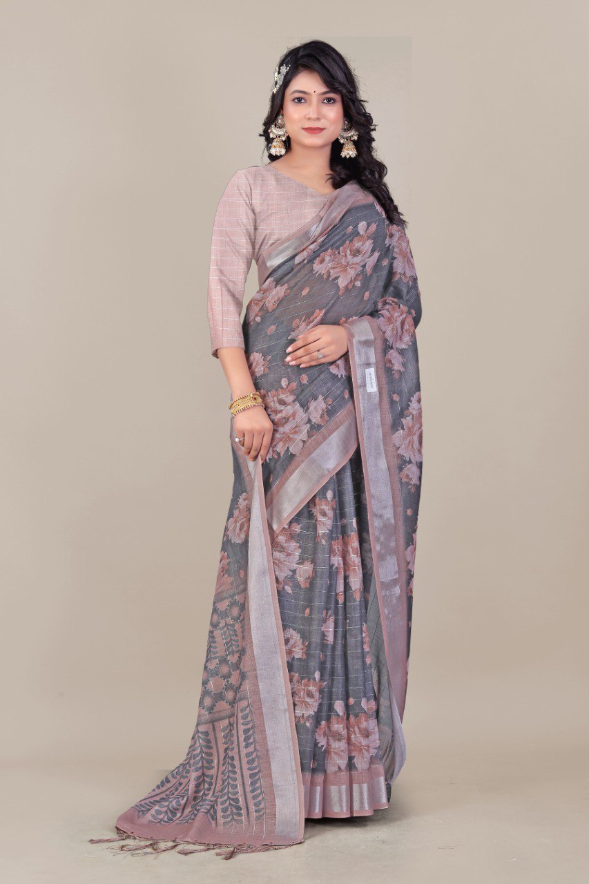Elegant Black & Beige Floral Linen Saree with Printed Pallu