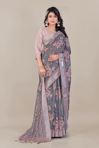 Elegant Black & Beige Floral Linen Saree with Printed Pallu