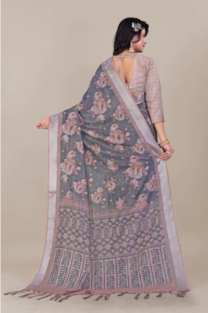 Elegant Black & Beige Floral Linen Saree with Printed Pallu