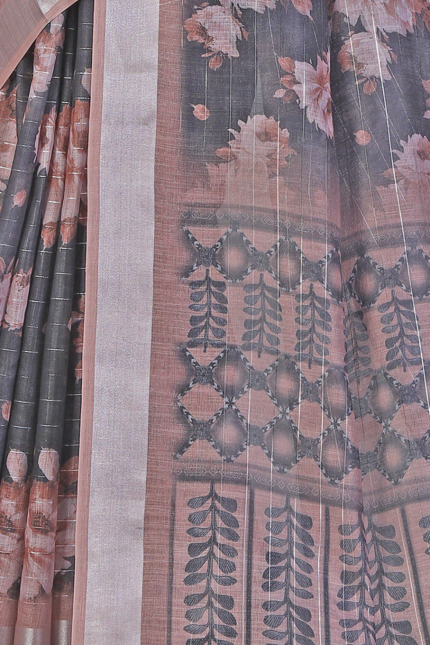 Elegant Black & Beige Floral Linen Saree with Printed Pallu