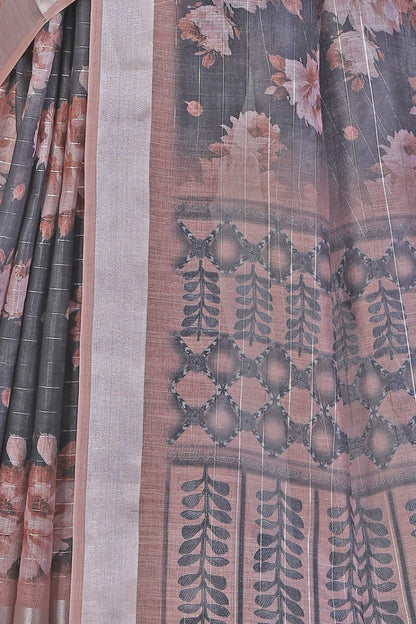 Elegant Black & Beige Floral Linen Saree with Printed Pallu