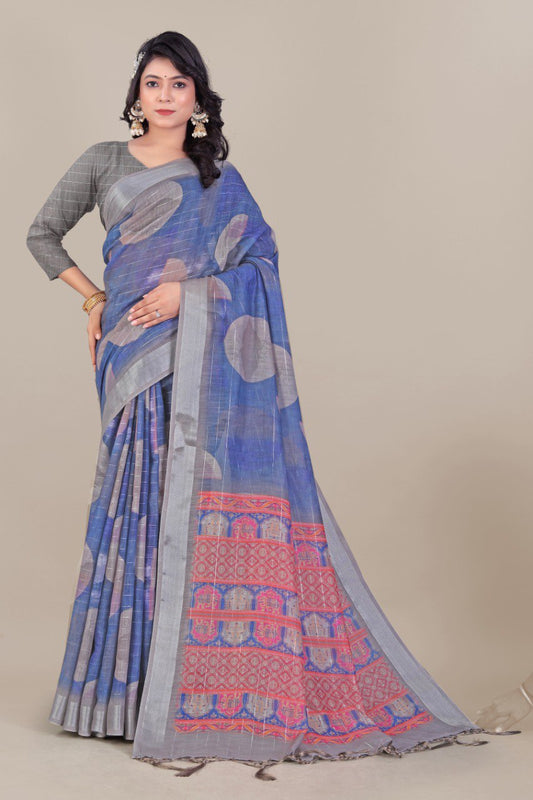 Navy Blue Linen Saree with Silver Jari Lines and Geometric Pallu