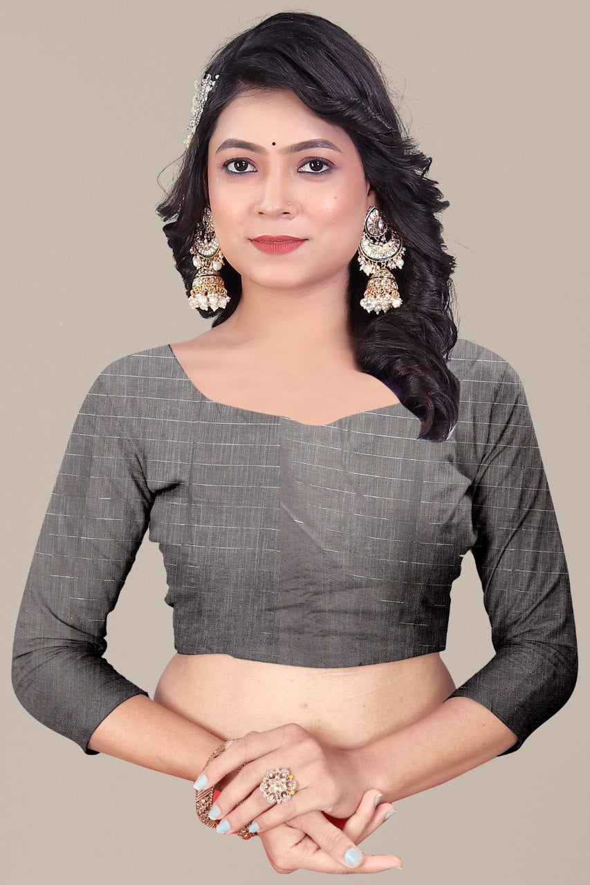 Navy Blue Linen Saree with Silver Jari Lines and Geometric Pallu