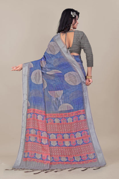 Navy Blue Linen Saree with Silver Jari & Contrast Border