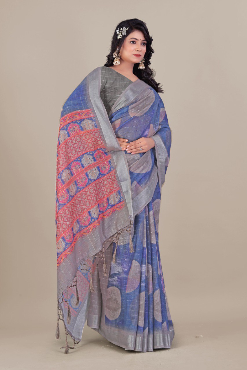 Navy Blue Linen Saree with Silver Jari Lines and Geometric Pallu