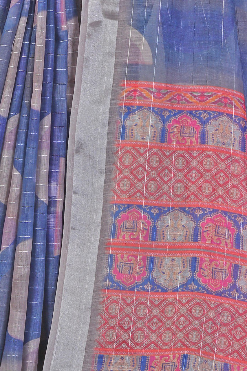 Navy Blue Linen Saree with Silver Jari Lines and Geometric Pallu